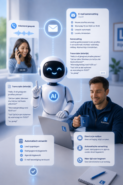 Na elk gesprek ontvang je direct een e-mail met een heldere samenvatting en een letterlijke transcriptie. Leads en klantgegevens worden automatisch verwerkt, waardoor de administratieve druk na je werkdag verdwijnt.