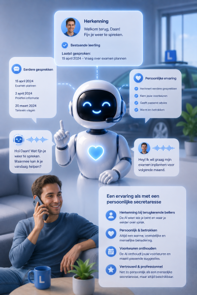 PERSOONLIJKE SERVICE De AI herkent terugkerende bellers en onthoudt eerdere gesprekken. Dit zorgt voor een warme, persoonlijke ervaring die leerlingen normaal alleen van een menselijke secretaresse verwachten.