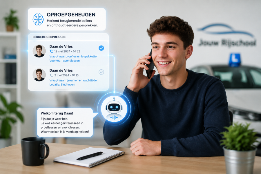 Herken terugkerende bellers. De AI onthoudt eerdere gesprekken en herkent direct een klant die terugbelt. Dit zorgt voor een warme, persoonlijke ervaring en voorkomt dat een leerling twee keer hetzelfde verhaal hoeft uit te leggen.